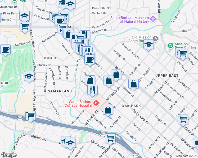 map of restaurants, bars, coffee shops, grocery stores, and more near in Santa Barbara