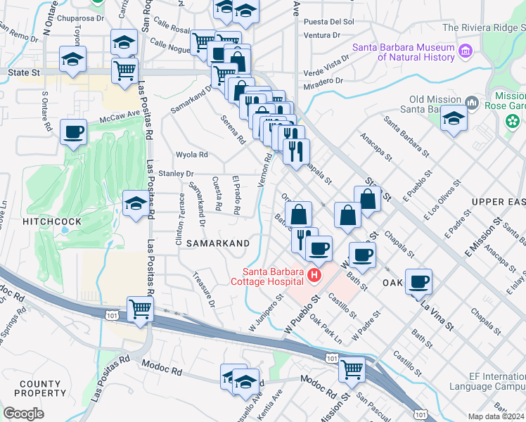 map of restaurants, bars, coffee shops, grocery stores, and more near 2729 Vernon Road in Santa Barbara