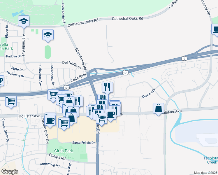 map of restaurants, bars, coffee shops, grocery stores, and more near 60 Cortona Point Drive in Goleta