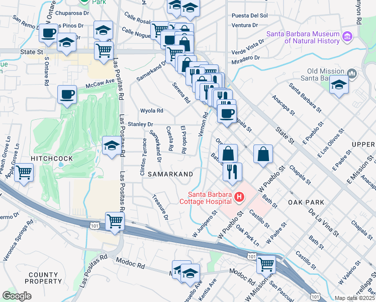 map of restaurants, bars, coffee shops, grocery stores, and more near 2706 El Prado Road in Santa Barbara