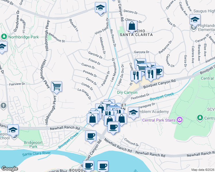 map of restaurants, bars, coffee shops, grocery stores, and more near 22905 Las Mananitas Drive in Santa Clarita