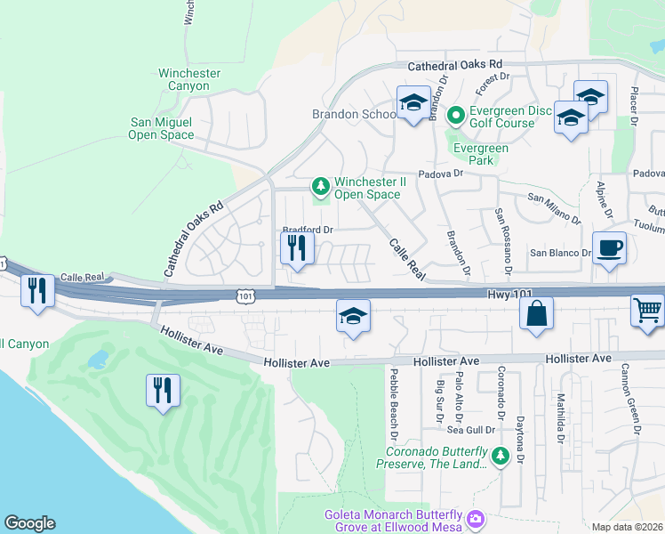 map of restaurants, bars, coffee shops, grocery stores, and more near 30 Winchester Canyon Road in Goleta