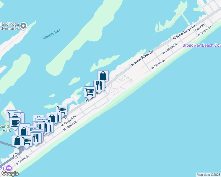 map of restaurants, bars, coffee shops, grocery stores, and more near 15 North New River C Drive in Surf City