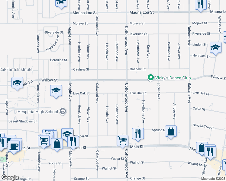 map of restaurants, bars, coffee shops, grocery stores, and more near 14804 Live Oak Street in Hesperia