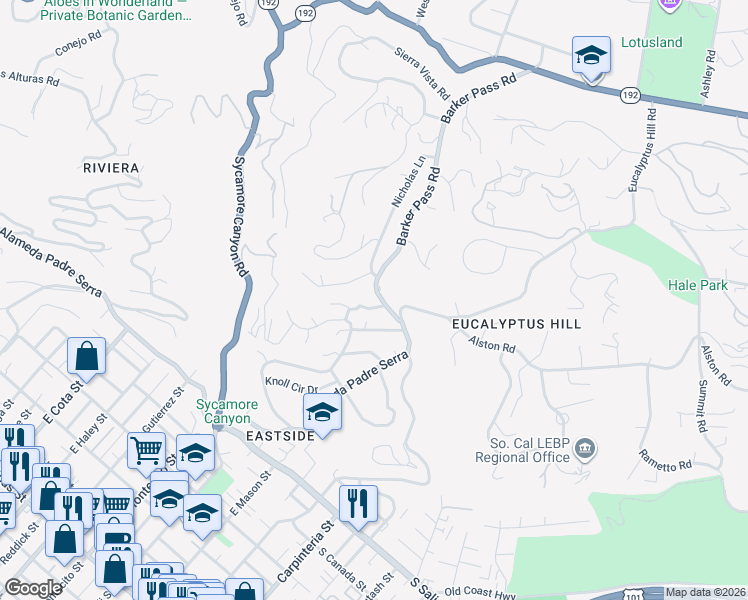 map of restaurants, bars, coffee shops, grocery stores, and more near 1870 Barker Pass Road in Santa Barbara