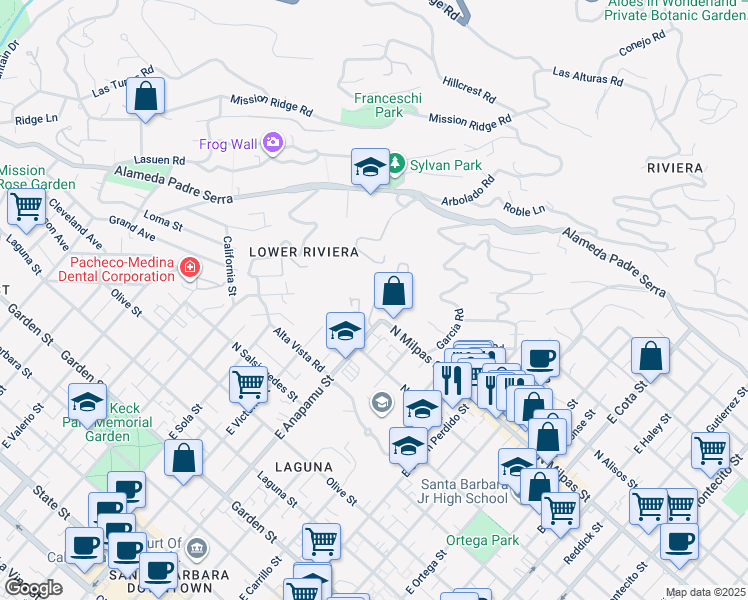 map of restaurants, bars, coffee shops, grocery stores, and more near 925 Lowena Drive in Santa Barbara