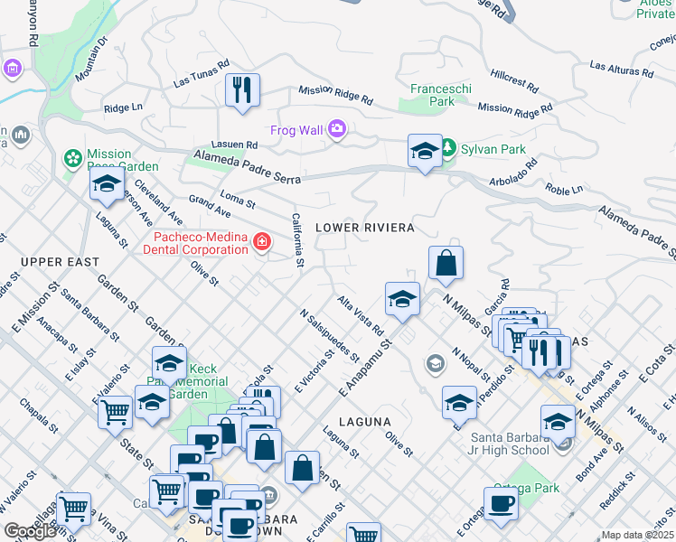 map of restaurants, bars, coffee shops, grocery stores, and more near 725 East Micheltorena Street in Santa Barbara