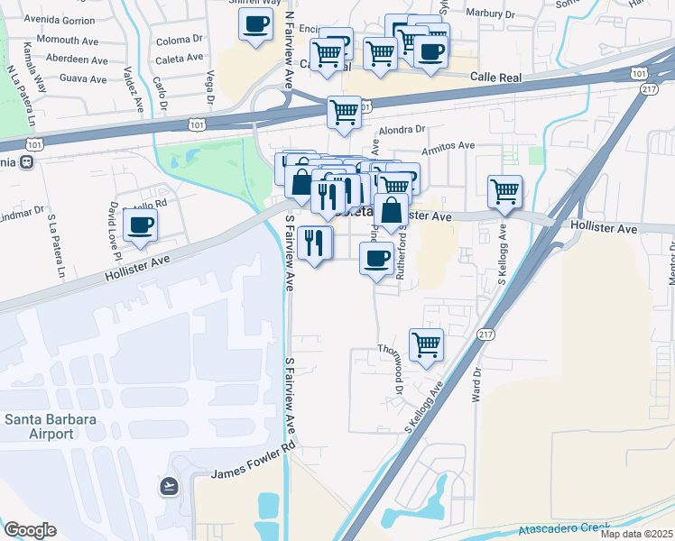 map of restaurants, bars, coffee shops, grocery stores, and more near 430 South Fairview Avenue in Goleta