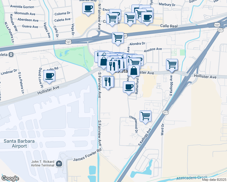 map of restaurants, bars, coffee shops, grocery stores, and more near 430 South Fairview Avenue in Goleta