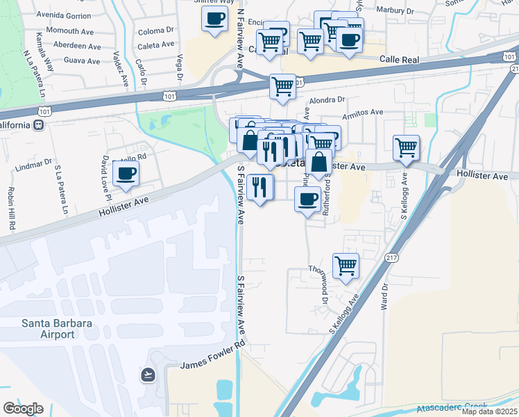 map of restaurants, bars, coffee shops, grocery stores, and more near 430 South Fairview Avenue in Santa Barbara
