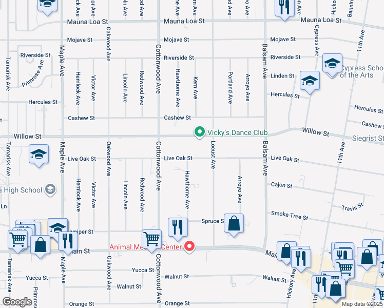 map of restaurants, bars, coffee shops, grocery stores, and more near 15018 Live Oak Street in Hesperia