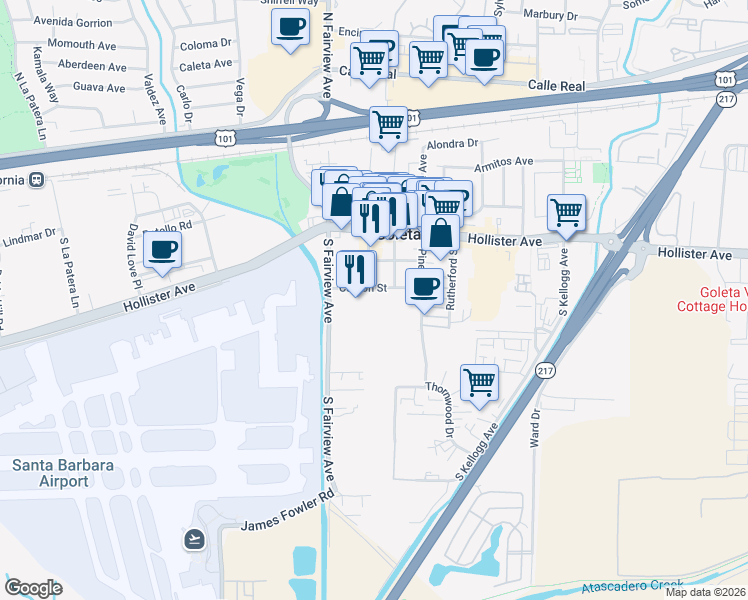 map of restaurants, bars, coffee shops, grocery stores, and more near 430 South Fairview Avenue in Goleta
