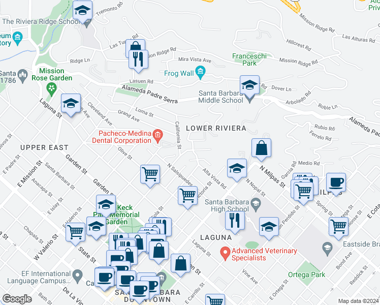 map of restaurants, bars, coffee shops, grocery stores, and more near 644 East Micheltorena Street in Santa Barbara