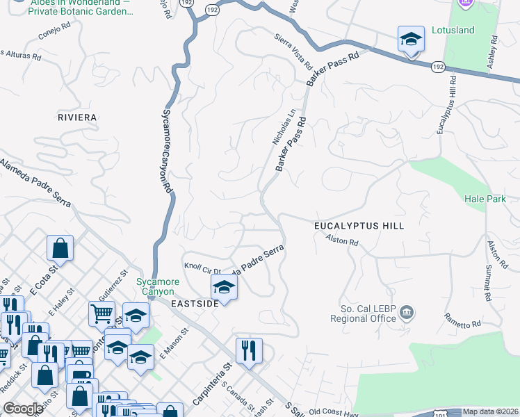 map of restaurants, bars, coffee shops, grocery stores, and more near 1870 Barker Pass Road in Santa Barbara