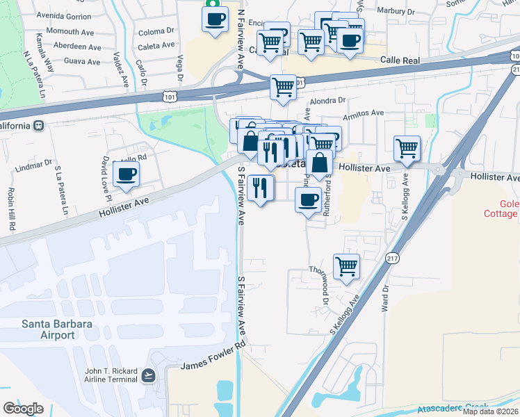 map of restaurants, bars, coffee shops, grocery stores, and more near 430 South Fairview Avenue in Santa Barbara