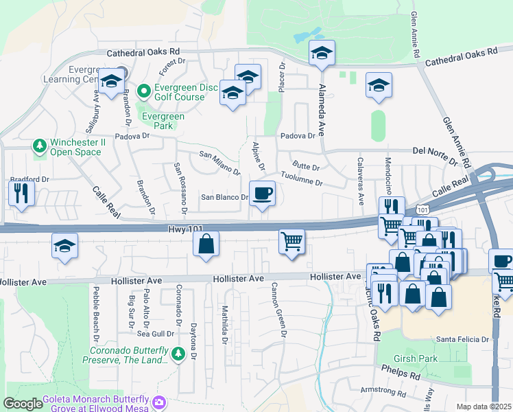 map of restaurants, bars, coffee shops, grocery stores, and more near 7398 Calle Real in Goleta