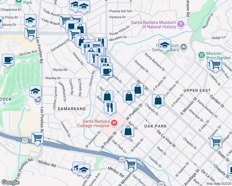 map of restaurants, bars, coffee shops, grocery stores, and more near 2525 De La Vina Street in Santa Barbara