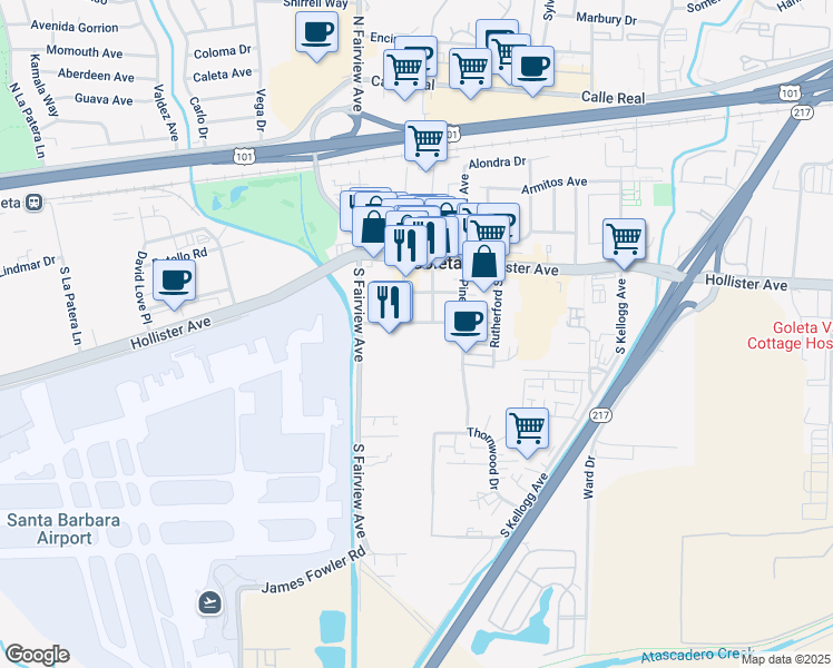 map of restaurants, bars, coffee shops, grocery stores, and more near 430 South Fairview Avenue in Santa Barbara