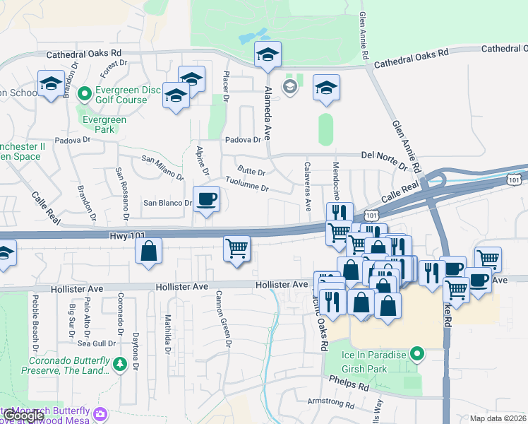 map of restaurants, bars, coffee shops, grocery stores, and more near 17 Baker Lane in Goleta