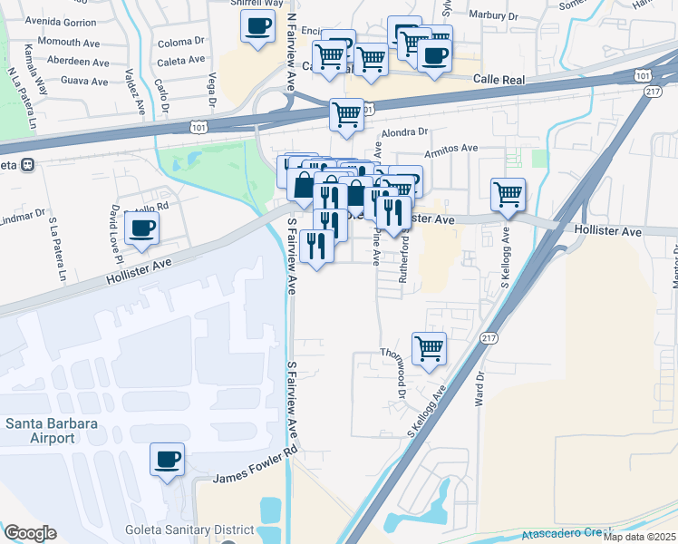 map of restaurants, bars, coffee shops, grocery stores, and more near 430 South Fairview Avenue in Santa Barbara
