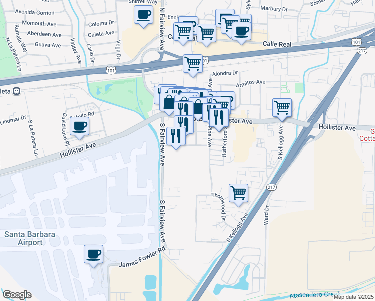 map of restaurants, bars, coffee shops, grocery stores, and more near 430 South Fairview Avenue in Goleta