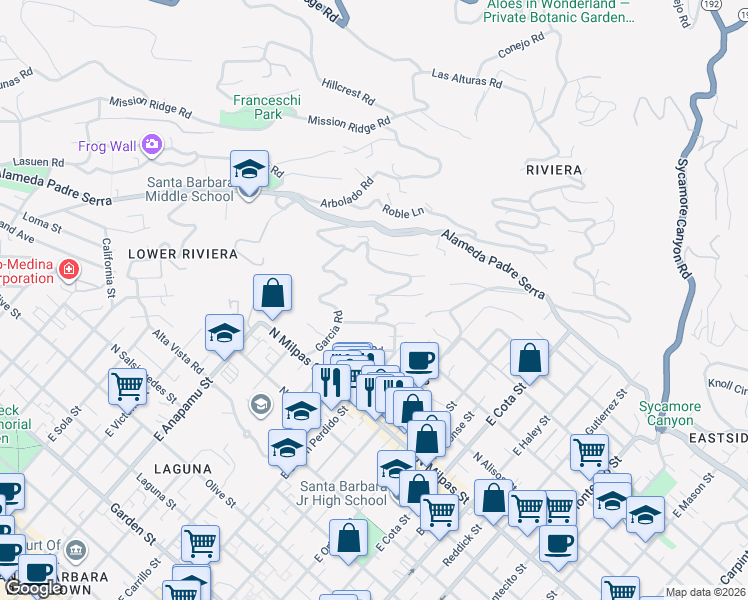 map of restaurants, bars, coffee shops, grocery stores, and more near 908 Paseo Ferrelo in Santa Barbara