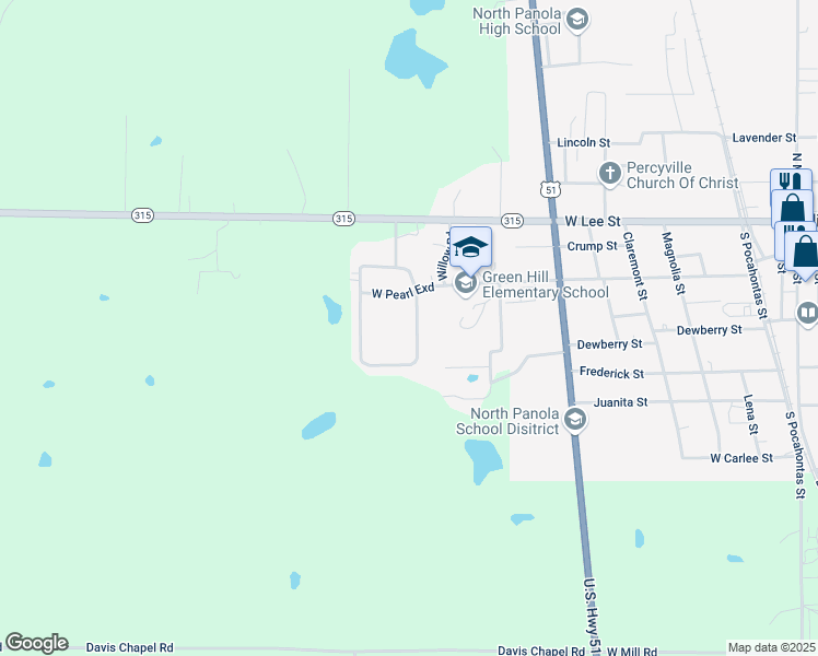 map of restaurants, bars, coffee shops, grocery stores, and more near 307 Greenhill Circle in Sardis