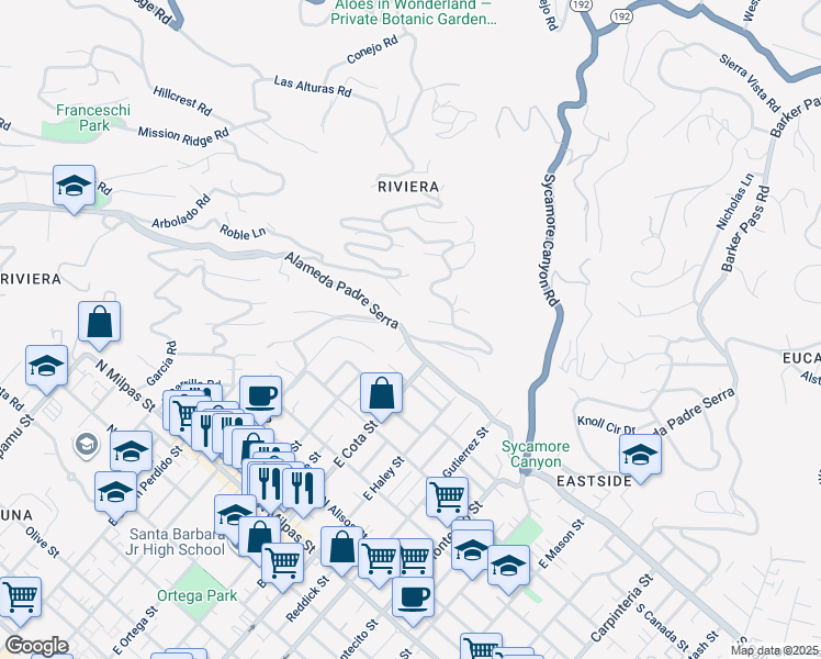 map of restaurants, bars, coffee shops, grocery stores, and more near 3 Las Alturas Road in Santa Barbara