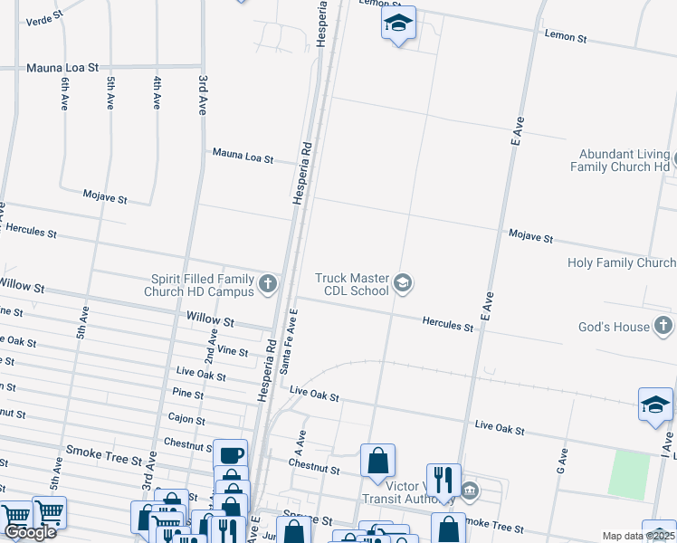 map of restaurants, bars, coffee shops, grocery stores, and more near Hercules Street in Hesperia