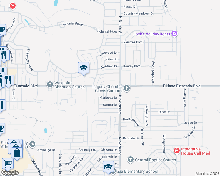 map of restaurants, bars, coffee shops, grocery stores, and more near 3605 Ben Crenshaw Circle in Clovis