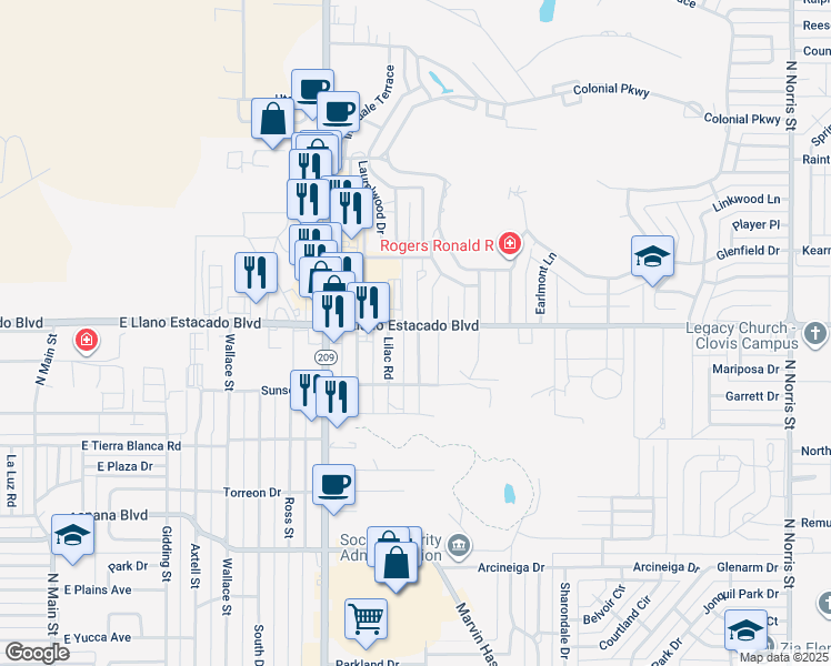 map of restaurants, bars, coffee shops, grocery stores, and more near 1000 East Llano Estacado Boulevard in Clovis