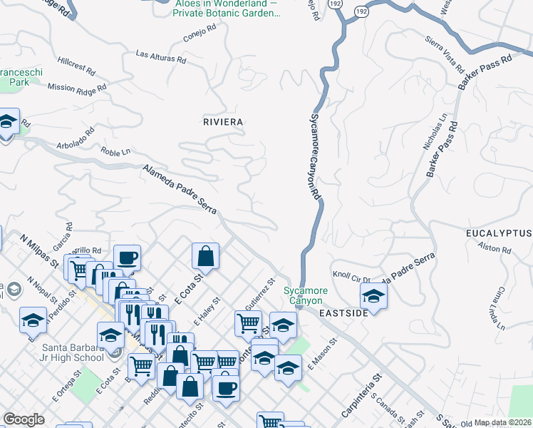 map of restaurants, bars, coffee shops, grocery stores, and more near 244 Las Alturas Road in Santa Barbara