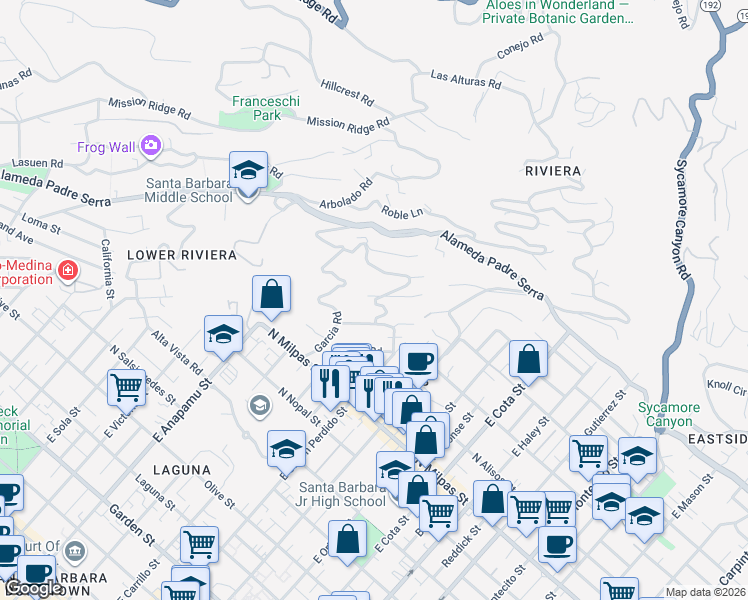 map of restaurants, bars, coffee shops, grocery stores, and more near 908 Paseo Ferrelo in Santa Barbara