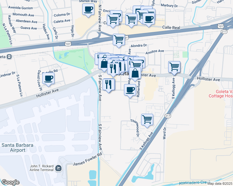 map of restaurants, bars, coffee shops, grocery stores, and more near 430 South Fairview Avenue in Goleta