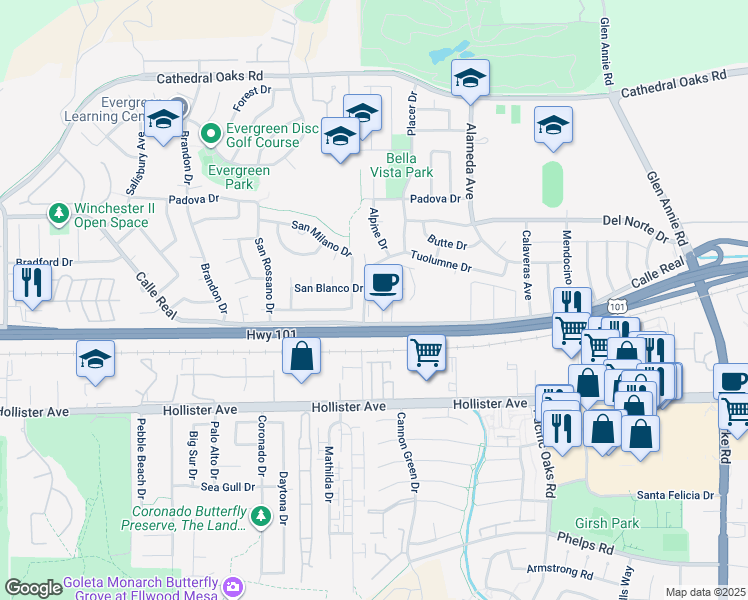 map of restaurants, bars, coffee shops, grocery stores, and more near 7398 Calle Real in Goleta