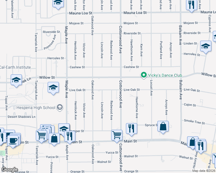 map of restaurants, bars, coffee shops, grocery stores, and more near 14804 Live Oak Street in Hesperia