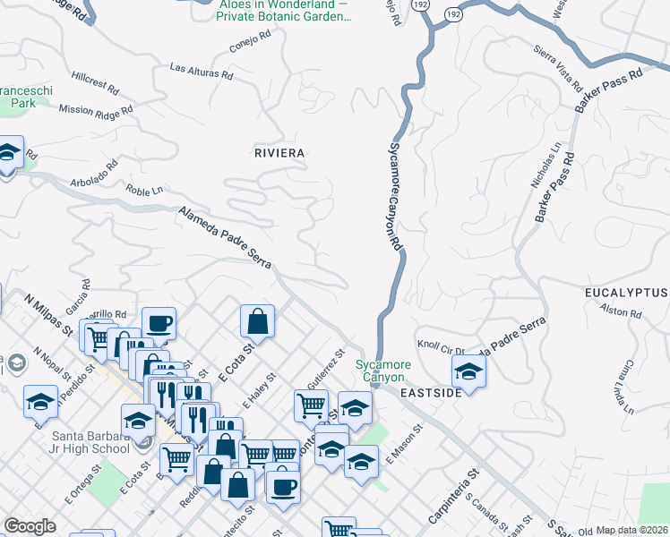 map of restaurants, bars, coffee shops, grocery stores, and more near 244 Las Alturas Road in Santa Barbara