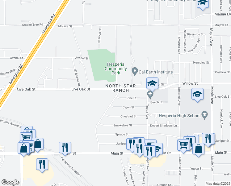 map of restaurants, bars, coffee shops, grocery stores, and more near 10070 Pyrite Avenue in Hesperia