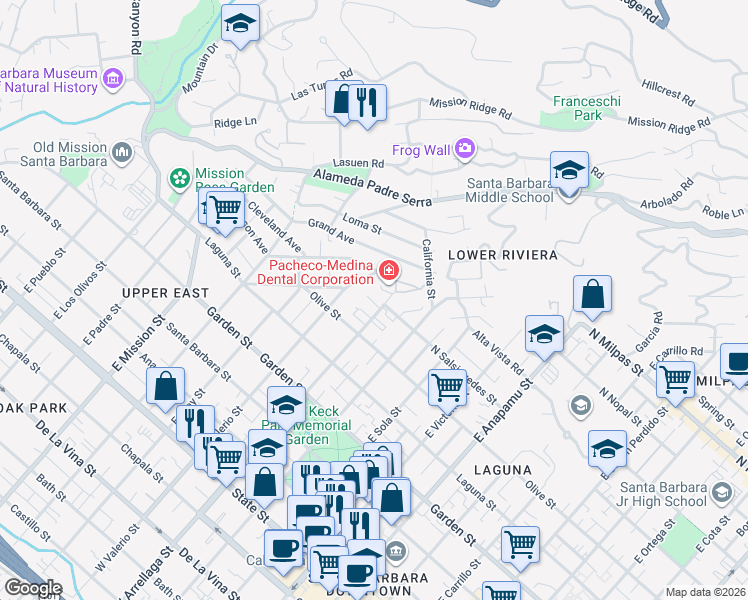 map of restaurants, bars, coffee shops, grocery stores, and more near 555 East Arrellaga Street in Santa Barbara