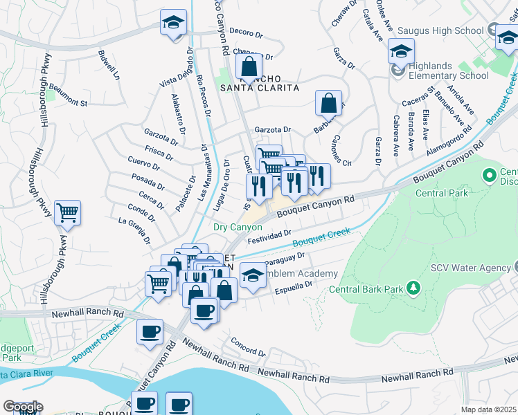 map of restaurants, bars, coffee shops, grocery stores, and more near 26811 Bouquet Canyon Road in Santa Clarita