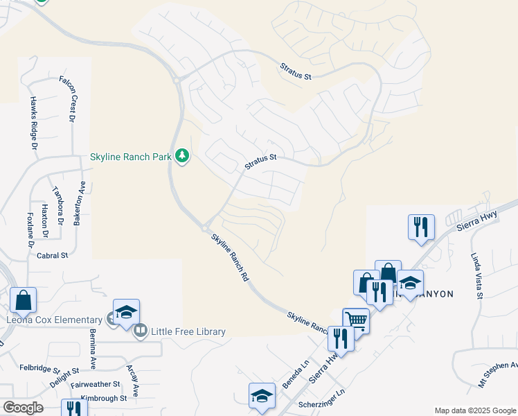 map of restaurants, bars, coffee shops, grocery stores, and more near 18134 Outlook Way in Santa Clarita