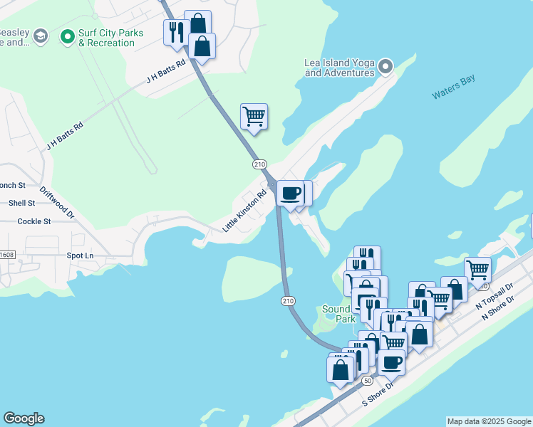 map of restaurants, bars, coffee shops, grocery stores, and more near 202 Waterway Lane in Surf City