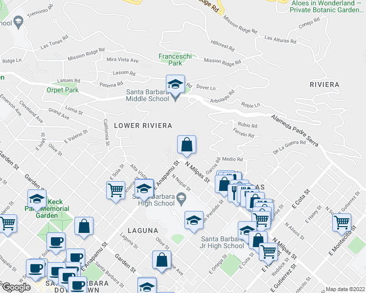 map of restaurants, bars, coffee shops, grocery stores, and more near 925 Lowena Drive in Santa Barbara