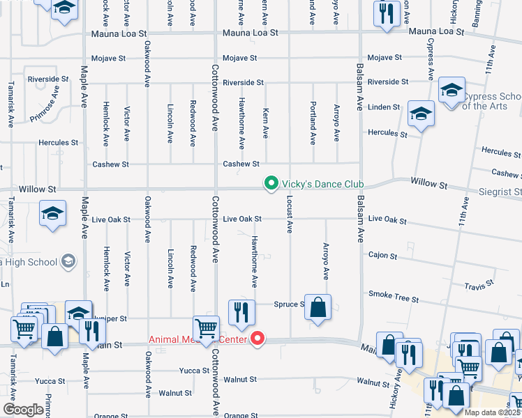 map of restaurants, bars, coffee shops, grocery stores, and more near 15018 Live Oak Street in Hesperia
