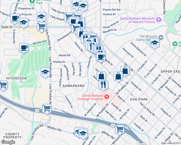 map of restaurants, bars, coffee shops, grocery stores, and more near 260 West Alamar Avenue in Santa Barbara