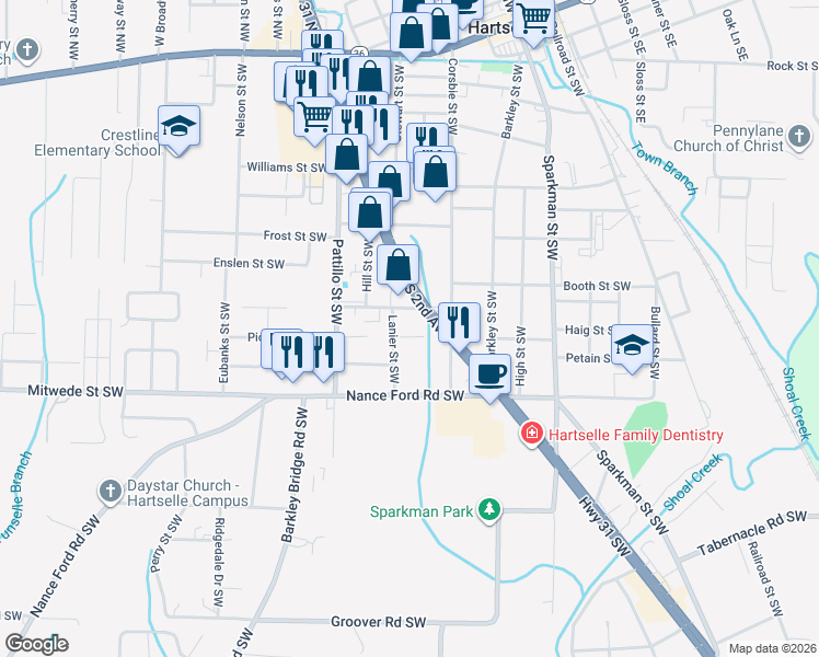 map of restaurants, bars, coffee shops, grocery stores, and more near 503 Logan Lane Southwest in Hartselle