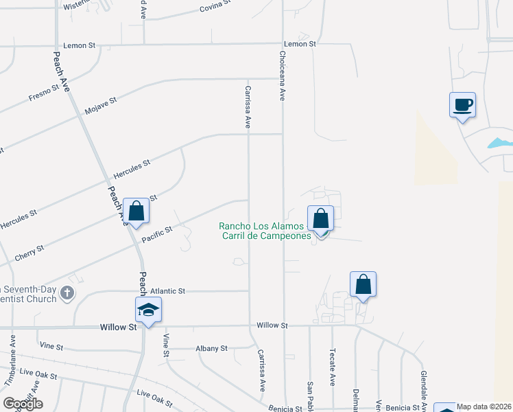 map of restaurants, bars, coffee shops, grocery stores, and more near 10057 Carrissa Avenue in Hesperia