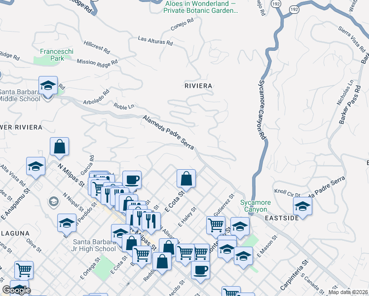 map of restaurants, bars, coffee shops, grocery stores, and more near 1323 De La Guerra Road in Santa Barbara