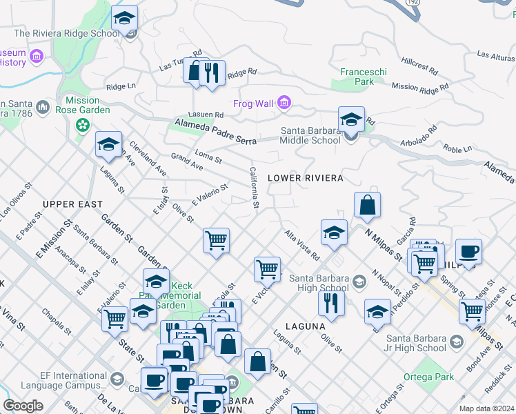 map of restaurants, bars, coffee shops, grocery stores, and more near 1515 Alta Vista Road in Santa Barbara