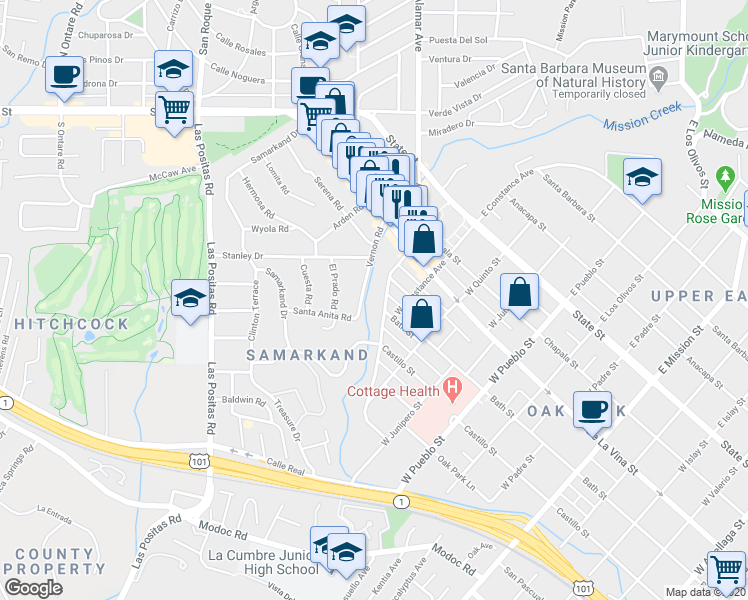 map of restaurants, bars, coffee shops, grocery stores, and more near 2729 Vernon Road in Santa Barbara